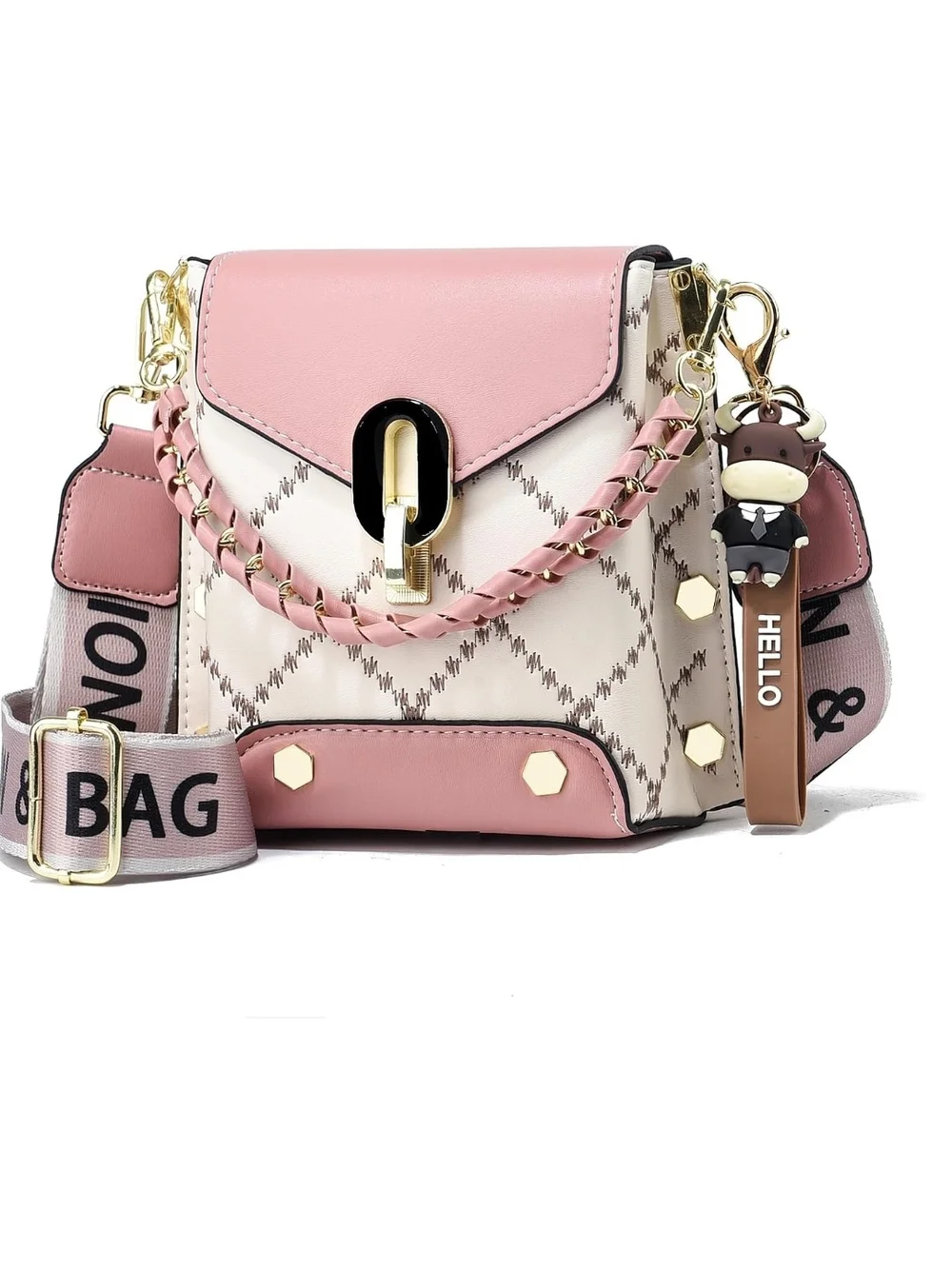 Pink Plaid Crossbody Bag with Strap and Charm